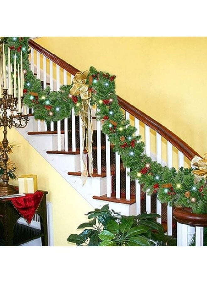 Artificial Pine Garland with Light,270cm Greenery Twist Wreath Artificial Pine Garland with 220 Branches,12 Pine Cone,50 LED,12 Bunch Berries