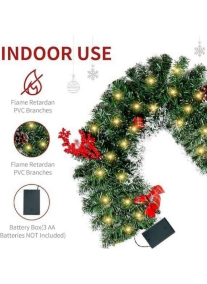 Artificial Pine Garland with Light,270cm Greenery Twist Wreath Artificial Pine Garland with 220 Branches,12 Pine Cone,50 LED,12 Bunch Berries
