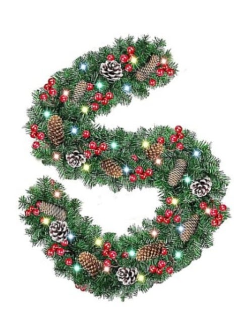Artificial Pine Garland with Light,270cm Greenery Twist Wreath Artificial Pine Garland with 220 Branches,12 Pine Cone,50 LED,12 Bunch Berries