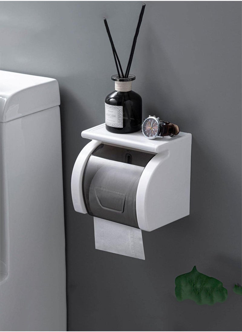 Self Adhesive Toilet Paper Holder with Shelf, Waterproof Toilet Paper Holder Wall Mount, Bathroom Toilet Paper Holder, Toilet Paper Roll Holder for Bathroom and Washroom, White - Image 1