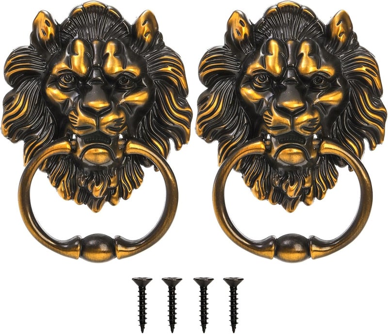 Youeon 2 Pcs Lion Head Door Knocker, 6 Inch Decorative Door & Gate Knocker with Mounting Screws, Antique Brass Door Knocker for Front Door, Cabinet - Image 1