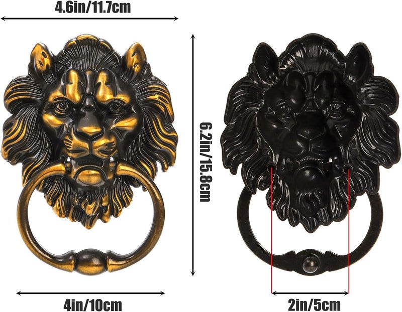 Youeon 2 Pcs Lion Head Door Knocker, 6 Inch Decorative Door & Gate Knocker with Mounting Screws, Antique Brass Door Knocker for Front Door, Cabinet - Image 2