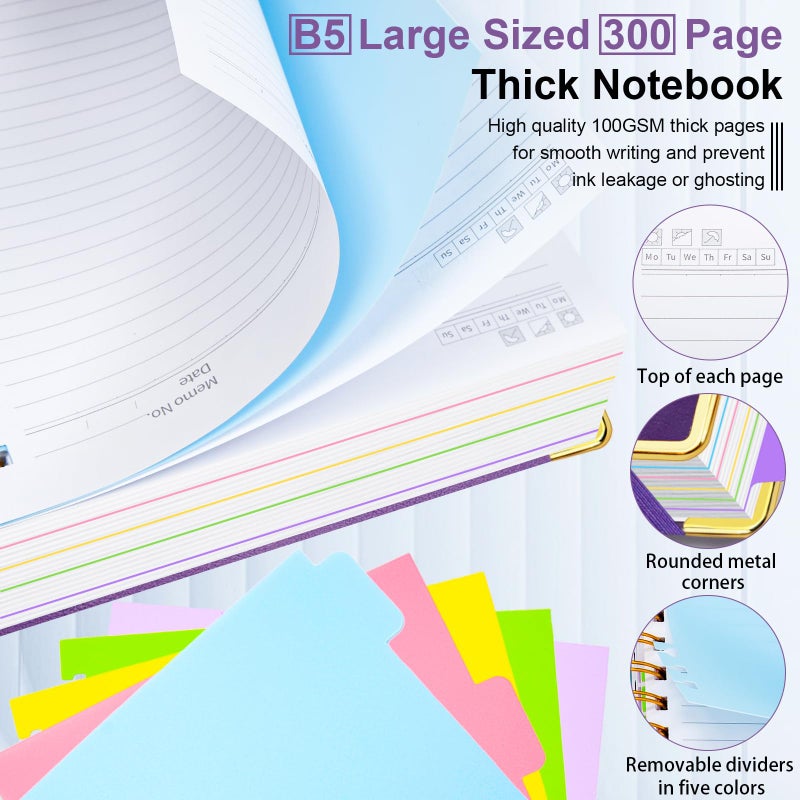 GDGDSY Hardcover Spiral Notebook 8"x10" Journal Notebook with Tabs and Removable Dividers 300 Pages 5 Subject Notebook College Ruled, Faux Leather Spiral Bound Notebook for Women School Work (Purple) - Image 4