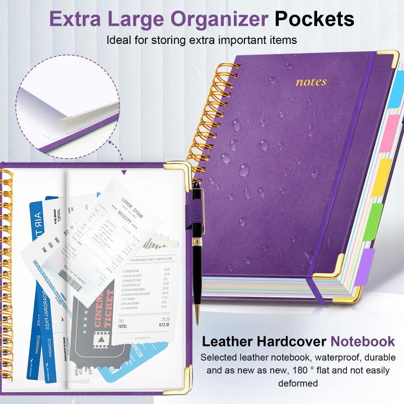 GDGDSY Hardcover Spiral Notebook 8"x10" Journal Notebook with Tabs and Removable Dividers 300 Pages 5 Subject Notebook College Ruled, Faux Leather Spiral Bound Notebook for Women School Work (Purple) - Image 2