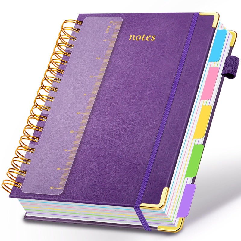 GDGDSY Hardcover Spiral Notebook 8"x10" Journal Notebook with Tabs and Removable Dividers 300 Pages 5 Subject Notebook College Ruled, Faux Leather Spiral Bound Notebook for Women School Work (Purple) - Image 1