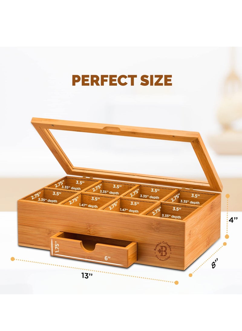 Premium Bamboo Tea Box Organizer Wood Tea Chest with Slide-Out Drawer and Acrylic Window Magnet Lid Keeps Teabag Fresh