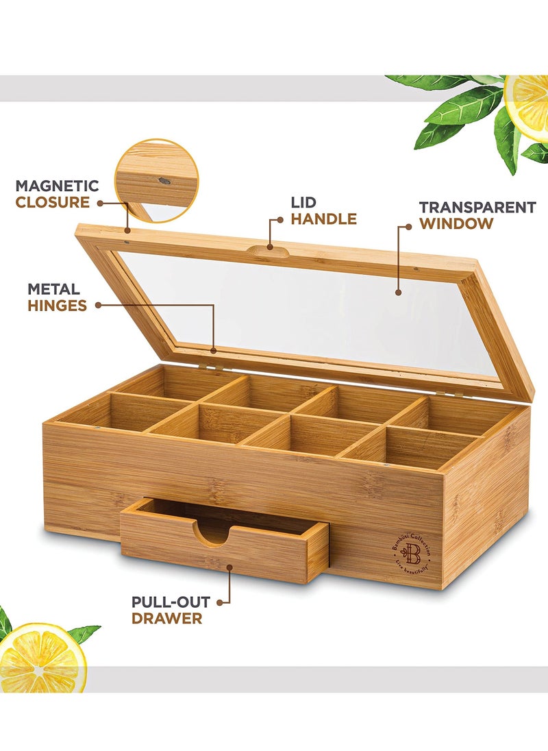 Premium Bamboo Tea Box Organizer Wood Tea Chest with Slide-Out Drawer and Acrylic Window Magnet Lid Keeps Teabag Fresh