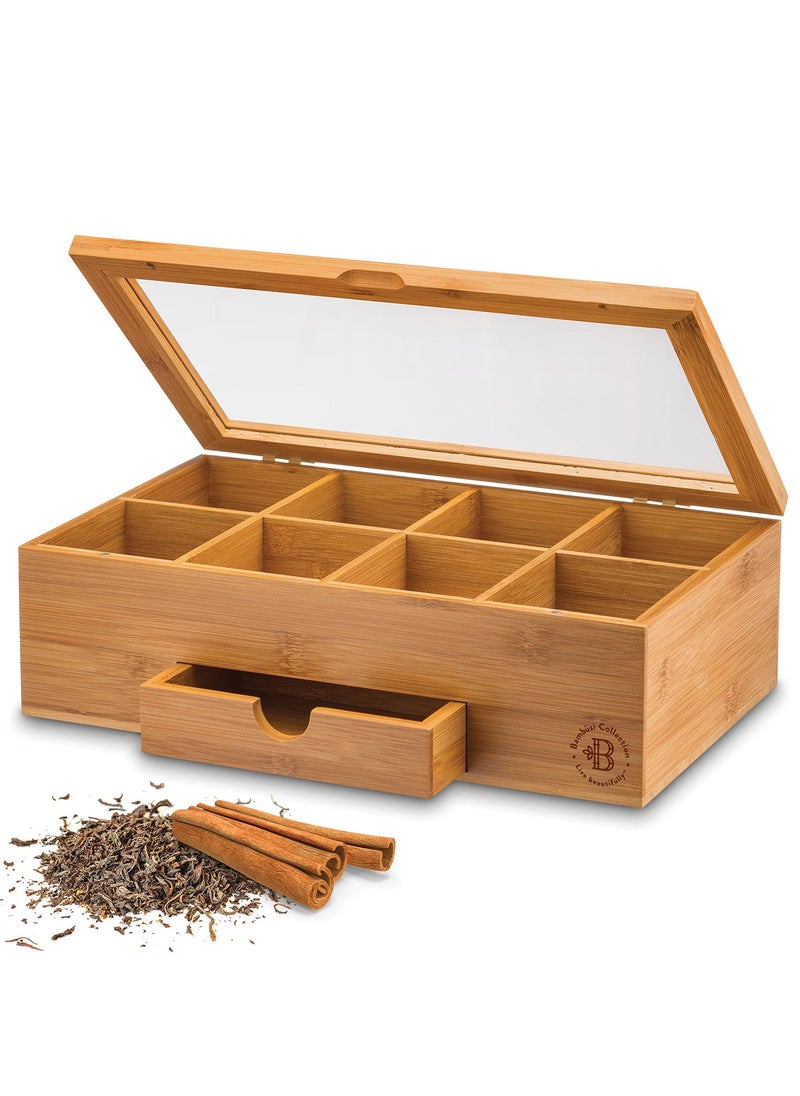 Premium Bamboo Tea Box Organizer Wood Tea Chest with Slide-Out Drawer and Acrylic Window Magnet Lid Keeps Teabag Fresh
