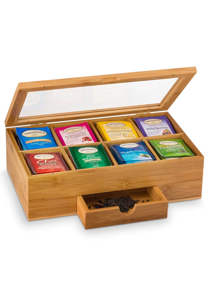 Premium Bamboo Tea Box Organizer Wood Tea Chest with Slide-Out Drawer and Acrylic Window Magnet Lid Keeps Teabag Fresh