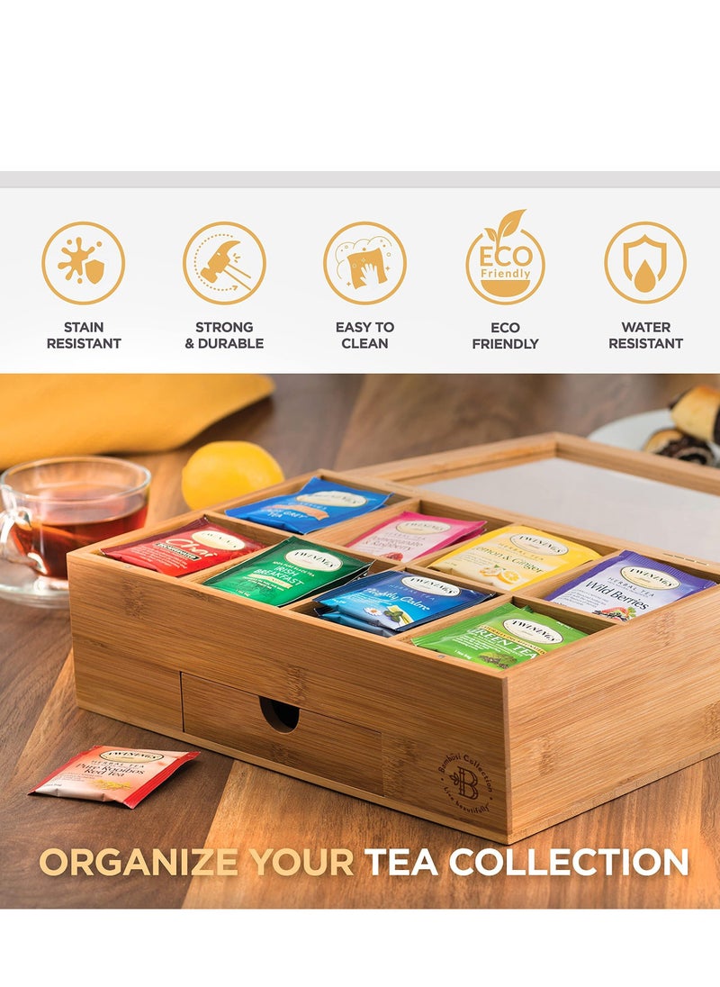 Premium Bamboo Tea Box Organizer Wood Tea Chest with Slide-Out Drawer and Acrylic Window Magnet Lid Keeps Teabag Fresh
