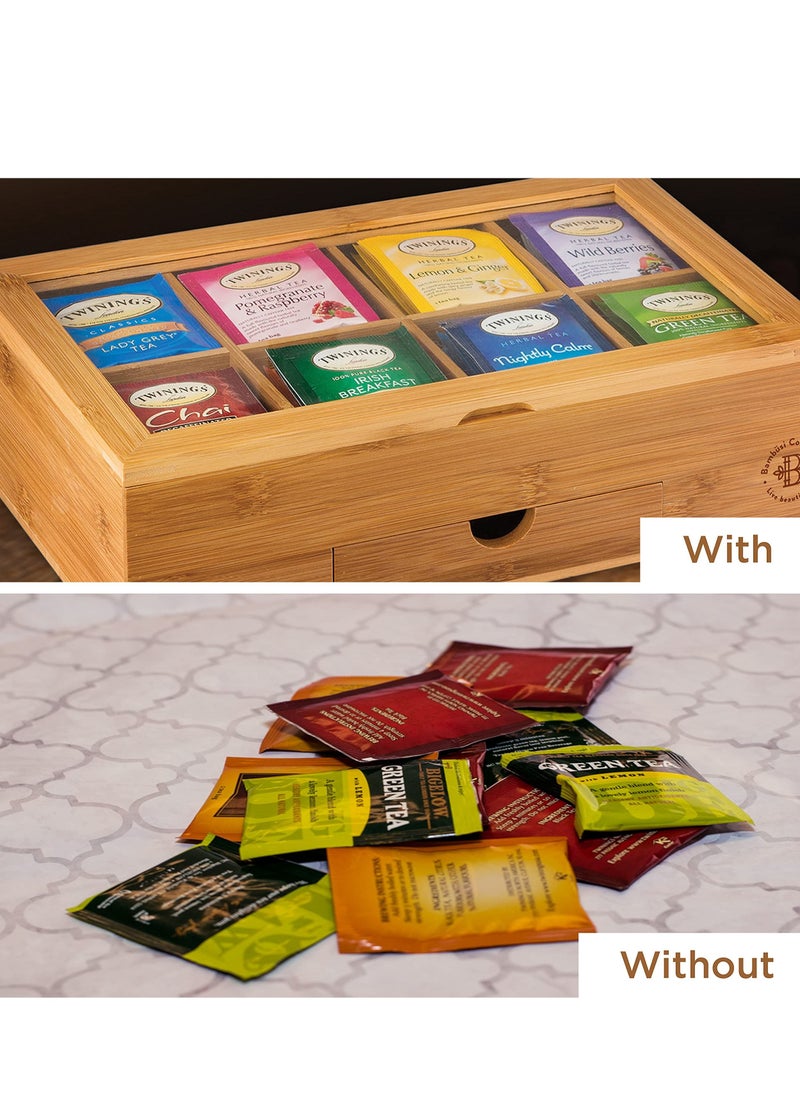 Premium Bamboo Tea Box Organizer Wood Tea Chest with Slide-Out Drawer and Acrylic Window Magnet Lid Keeps Teabag Fresh