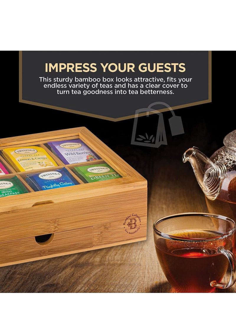 Premium Bamboo Tea Box Organizer Wood Tea Chest with Slide-Out Drawer and Acrylic Window Magnet Lid Keeps Teabag Fresh