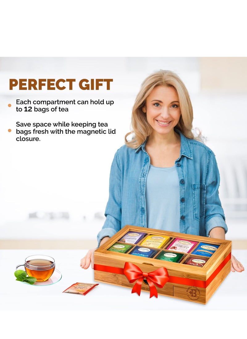 Premium Bamboo Tea Box Organizer Wood Tea Chest with Slide-Out Drawer and Acrylic Window Magnet Lid Keeps Teabag Fresh