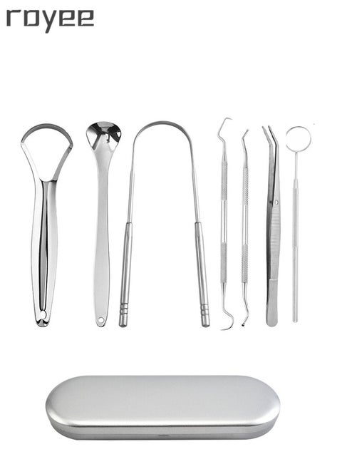 7-Piece Dental Teeth Scraper +Tongue Cleaner Tool Kit，Stainless Steel Oral Hygiene Cleaners，Professional Tongue Scrapers for Fresher Breath