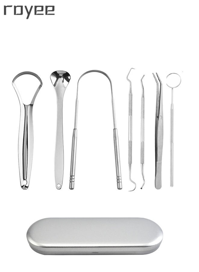 7-Piece Dental Teeth Scraper +Tongue Cleaner Tool Kit，Stainless Steel Oral Hygiene Cleaners，Professional Tongue Scrapers for Fresher Breath