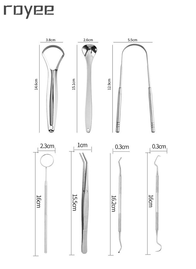 7-Piece Dental Teeth Scraper +Tongue Cleaner Tool Kit，Stainless Steel Oral Hygiene Cleaners，Professional Tongue Scrapers for Fresher Breath