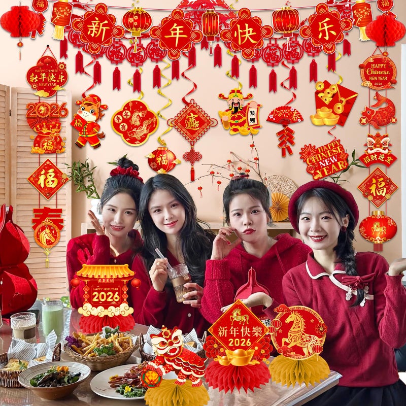 YTGUVBK Chinese New Year Decorations 2026, Lunar New Year Decor Kit include Red New Year Banner,Honeycomb,Spring Festival Hanging Swirls,2026 Wall Hanging Banner,Chinese Knot Tassel for Horse Year Decor - Image 3