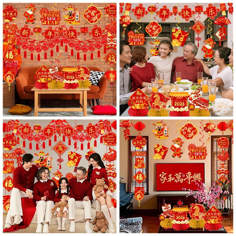 YTGUVBK Chinese New Year Decorations 2026, Lunar New Year Decor Kit include Red New Year Banner,Honeycomb,Spring Festival Hanging Swirls,2026 Wall Hanging Banner,Chinese Knot Tassel for Horse Year Decor - Image 4
