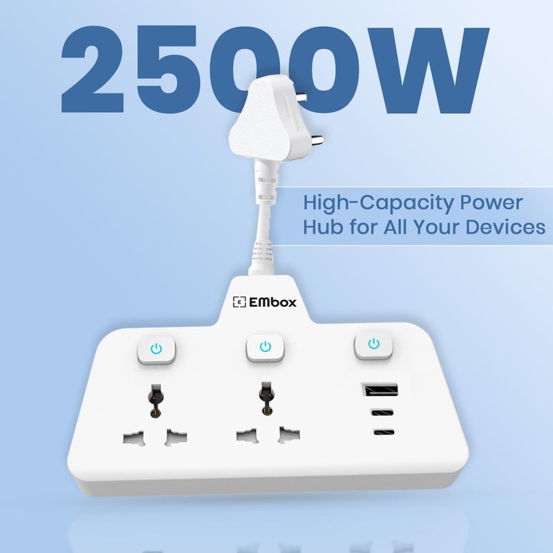 EMBOX مقبس متعدد 2500 واط | لوحة تمديد مع مفاتيح | شحن سريع USB نوع C QC 3.0 | 2 مقبس عالمي، أبيض - Image 5