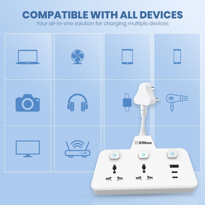 EMBOX مقبس متعدد 2500 واط | لوحة تمديد مع مفاتيح | شحن سريع USB نوع C QC 3.0 | 2 مقبس عالمي، أبيض - Image 4
