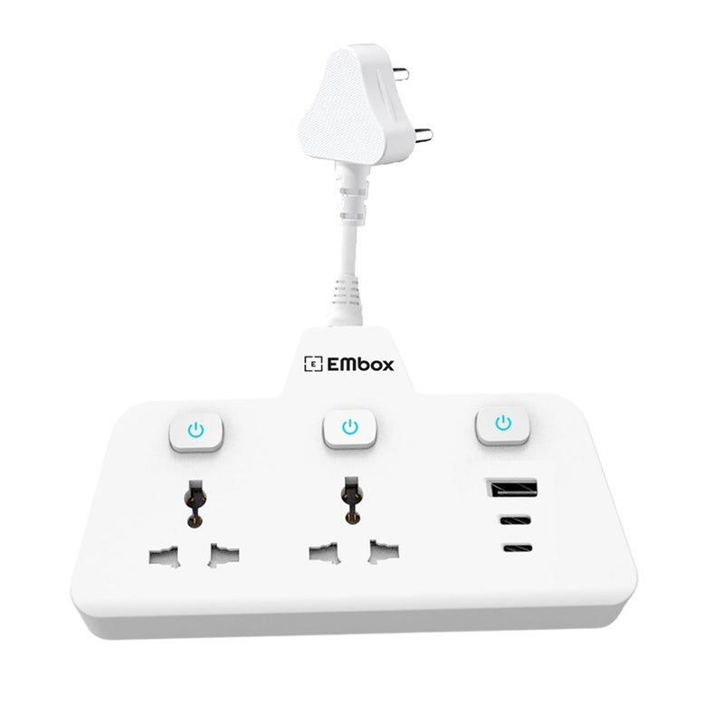 EMBOX مقبس متعدد 2500 واط | لوحة تمديد مع مفاتيح | شحن سريع USB نوع C QC 3.0 | 2 مقبس عالمي، أبيض - Image 1
