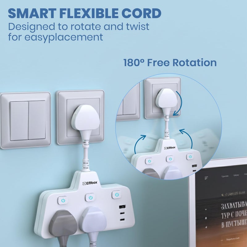 EMBOX مقبس متعدد 2500 واط | لوحة تمديد مع مفاتيح | شحن سريع USB نوع C QC 3.0 | 2 مقبس عالمي، أبيض - Image 3