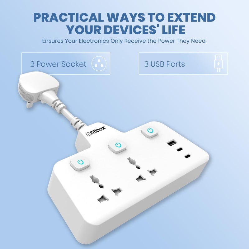 EMBOX مقبس متعدد 2500 واط | لوحة تمديد مع مفاتيح | شحن سريع USB نوع C QC 3.0 | 2 مقبس عالمي، أبيض - Image 2