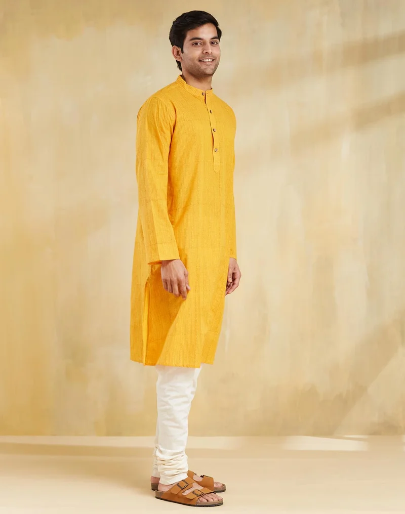 Fabindia Yellow Cotton Hand Block Printed Long Kurta