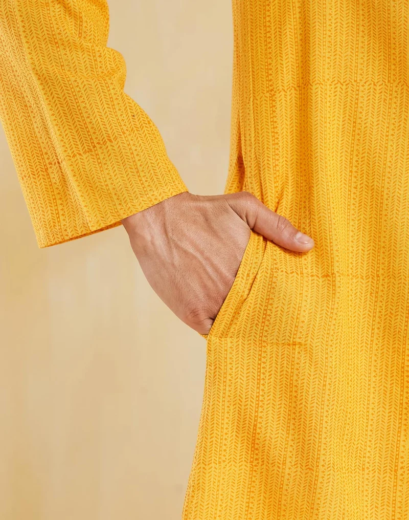 Fabindia Yellow Cotton Hand Block Printed Long Kurta