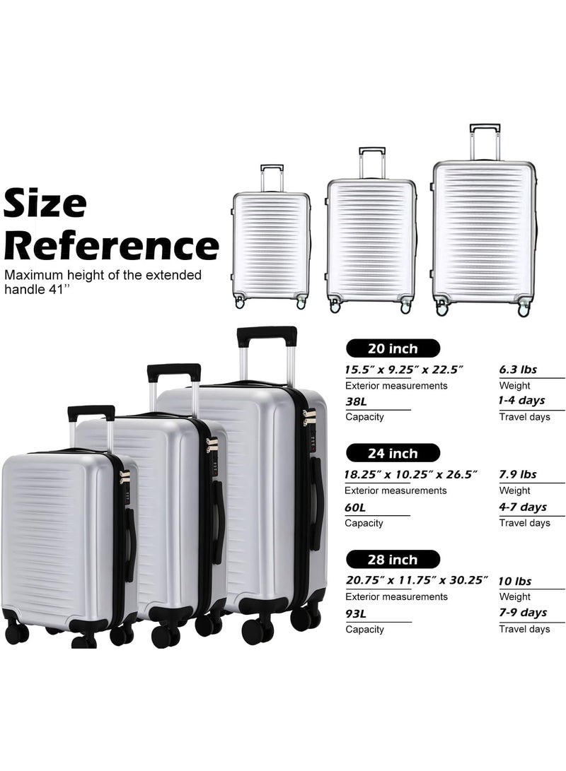 Favarey Premium Luggage Sets, 3PCS Carry-on Luggage 20/24/28 Inch,  ABS+PC Hard Shell Travel Luggage Suitcase with Spinner Wheels, Carry on Luggage Set with TSA Lock (Silver) - Image 5