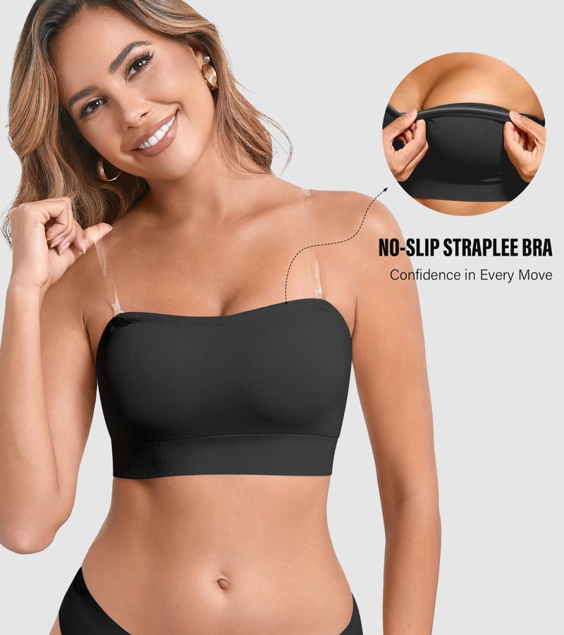 DEANGELMON Strapless Bras for Women Comfort Non-Slip Seamless Padded Bralette Clear Straps Wireless Tube Top Bra Black Small - Image 3