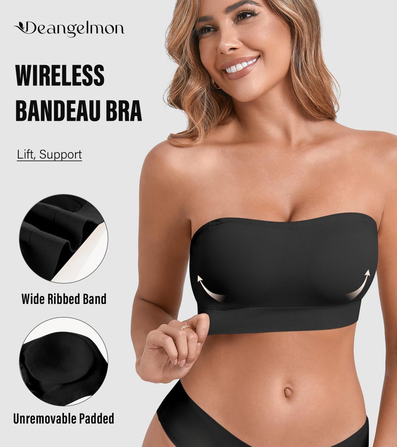 DEANGELMON Strapless Bras for Women Comfort Non-Slip Seamless Padded Bralette Clear Straps Wireless Tube Top Bra Black Small - Image 2