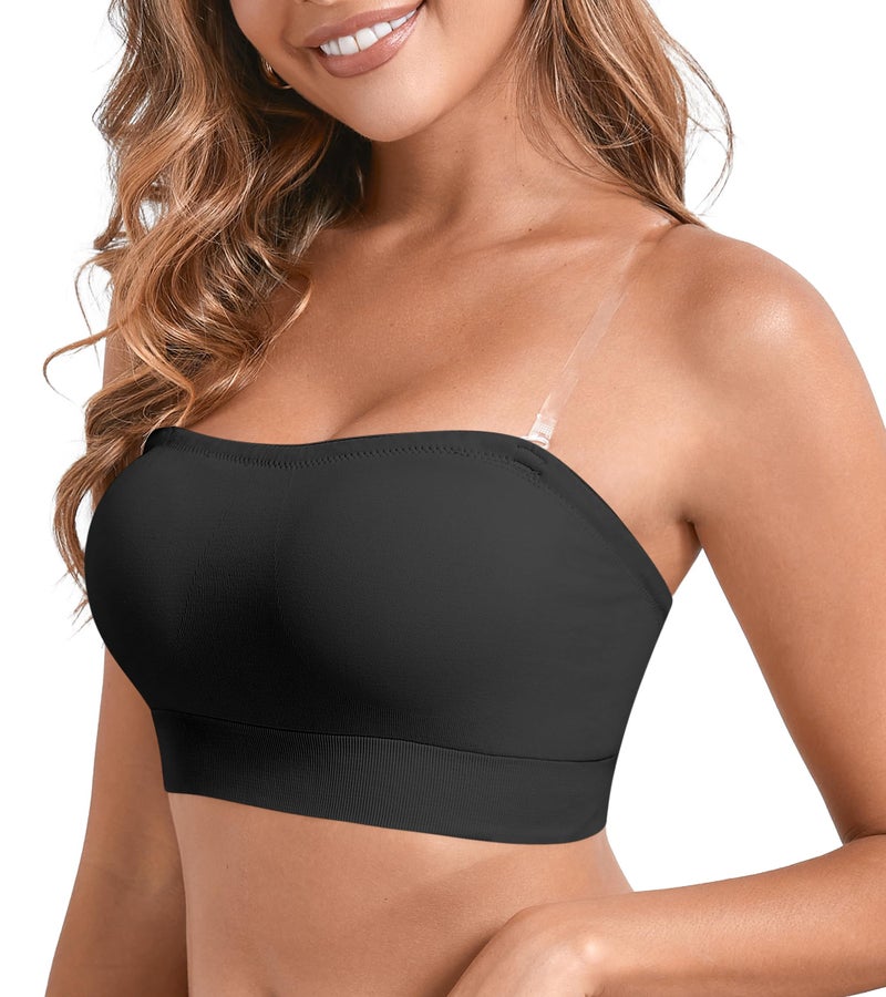 DEANGELMON Strapless Bras for Women Comfort Non-Slip Seamless Padded Bralette Clear Straps Wireless Tube Top Bra Black Small - Image 1
