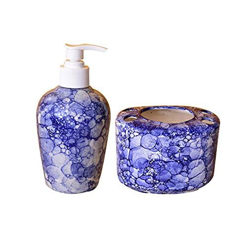 KunhaR Ceramic Bathroom Accessory Set, Blue Luster (Liquid Soap Dispenser and Toothbrush Holder) - Image 1