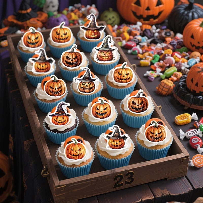 Fyeoxle 45PCS Edible Pumpkin Cupcake Toppers Wafer Paper Halloween Horror Pumpkin Cupcake Toppers Pumpkin Cupcake Picks for Halloween Eve Theme Party Birthday Decor Supplies - Image 4