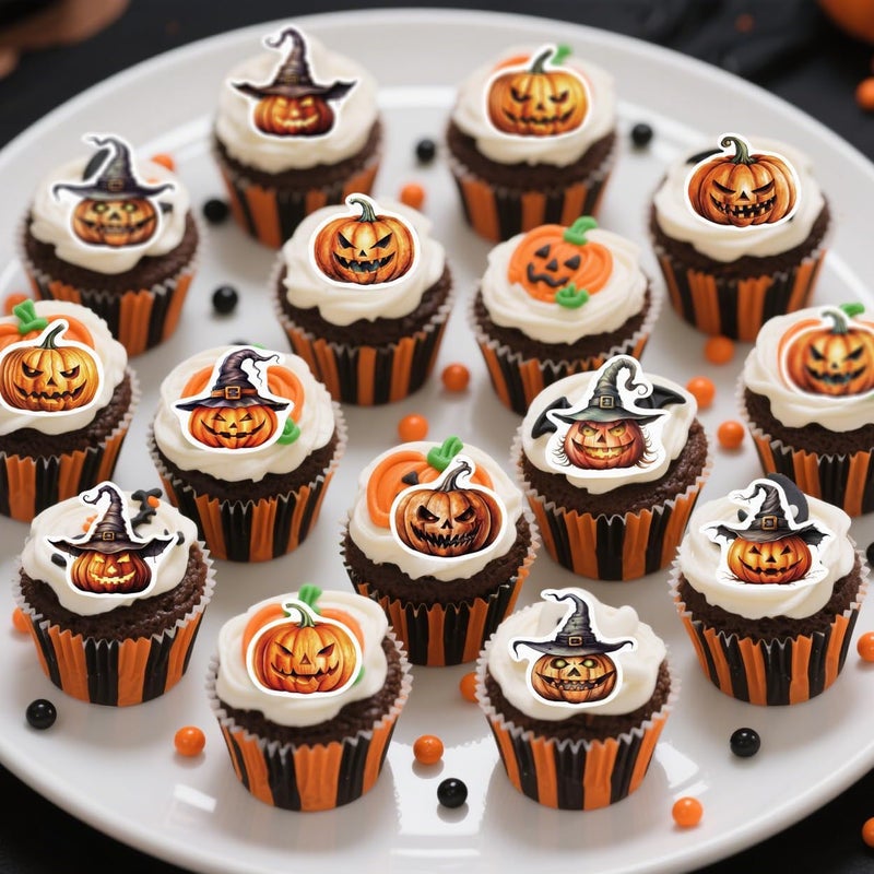 Fyeoxle 45PCS Edible Pumpkin Cupcake Toppers Wafer Paper Halloween Horror Pumpkin Cupcake Toppers Pumpkin Cupcake Picks for Halloween Eve Theme Party Birthday Decor Supplies - Image 3