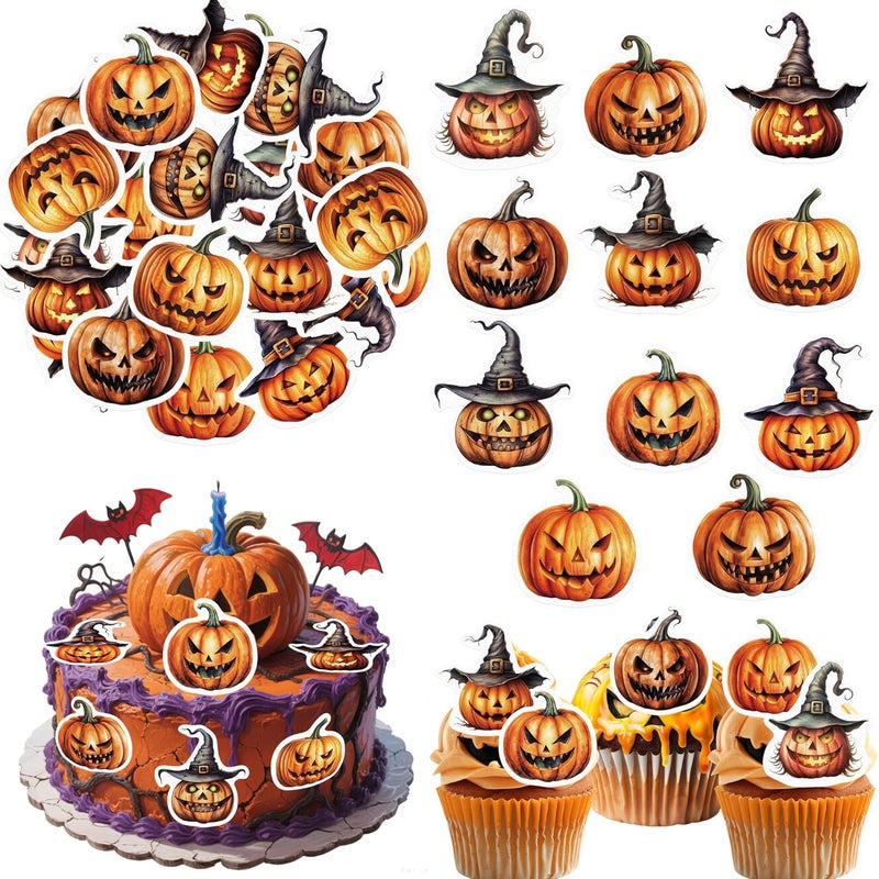 Fyeoxle 45PCS Edible Pumpkin Cupcake Toppers Wafer Paper Halloween Horror Pumpkin Cupcake Toppers Pumpkin Cupcake Picks for Halloween Eve Theme Party Birthday Decor Supplies - Image 1