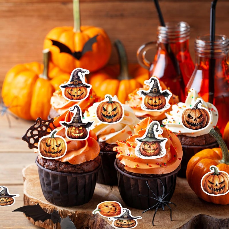 Fyeoxle 45PCS Edible Pumpkin Cupcake Toppers Wafer Paper Halloween Horror Pumpkin Cupcake Toppers Pumpkin Cupcake Picks for Halloween Eve Theme Party Birthday Decor Supplies - Image 5