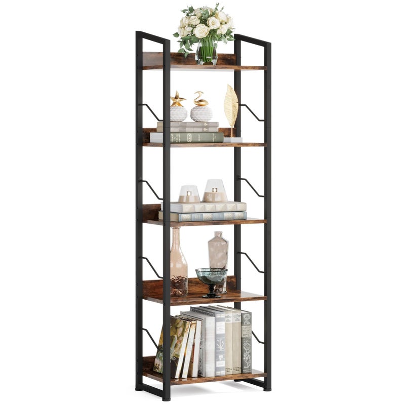 Hosfais 5 Tier Tall Bookshelf: Industrial Wood Book Shelf with Edge Protection Metal Narrow Bookshelf Bookcase Storage Organizer Display Rack for Living Room Home Office (Rustic Brown) - Image 1