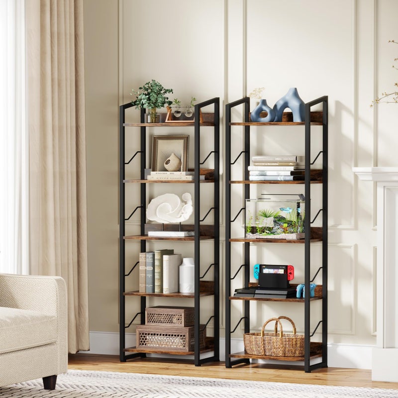 Hosfais 5 Tier Tall Bookshelf: Industrial Wood Book Shelf with Edge Protection Metal Narrow Bookshelf Bookcase Storage Organizer Display Rack for Living Room Home Office (Rustic Brown) - Image 5