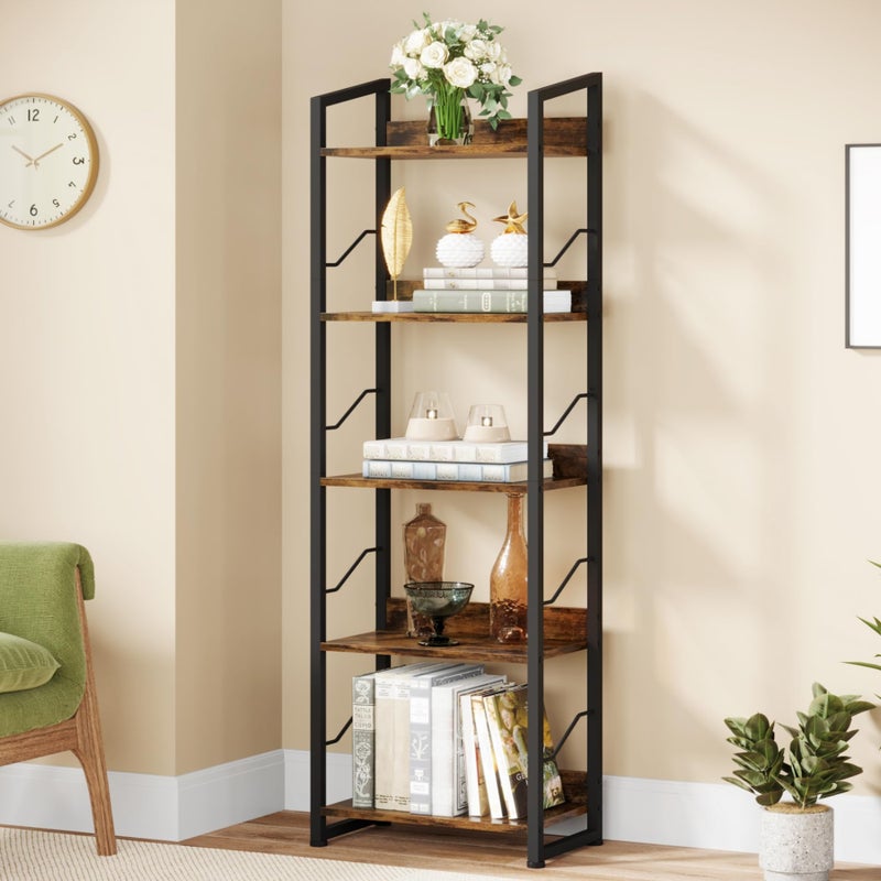 Hosfais 5 Tier Tall Bookshelf: Industrial Wood Book Shelf with Edge Protection Metal Narrow Bookshelf Bookcase Storage Organizer Display Rack for Living Room Home Office (Rustic Brown) - Image 4