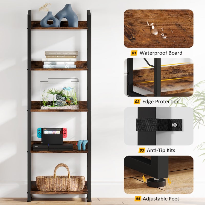 Hosfais 5 Tier Tall Bookshelf: Industrial Wood Book Shelf with Edge Protection Metal Narrow Bookshelf Bookcase Storage Organizer Display Rack for Living Room Home Office (Rustic Brown) - Image 2