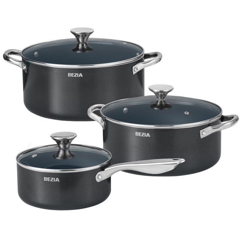 BEZIA Induction Cookware Set 6-Piece, Stackable Kitchen Cooking Pots Set, 6qt 4.8qt & 2qt Pots with Lids, Dishwasher Safe & Oven Safe, Compatible with All Stoves, Black - Image 1