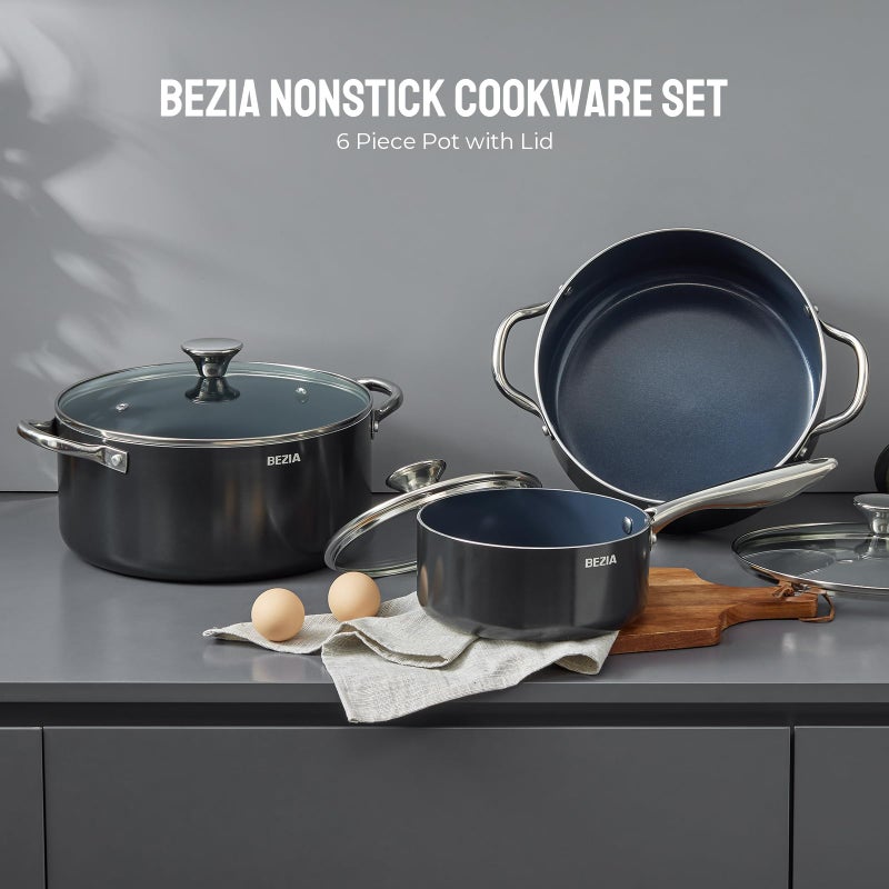 BEZIA Induction Cookware Set 6-Piece, Stackable Kitchen Cooking Pots Set, 6qt 4.8qt & 2qt Pots with Lids, Dishwasher Safe & Oven Safe, Compatible with All Stoves, Black - Image 3