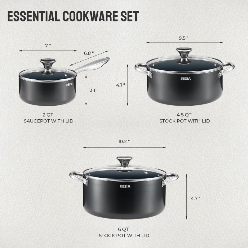BEZIA Induction Cookware Set 6-Piece, Stackable Kitchen Cooking Pots Set, 6qt 4.8qt & 2qt Pots with Lids, Dishwasher Safe & Oven Safe, Compatible with All Stoves, Black - Image 2
