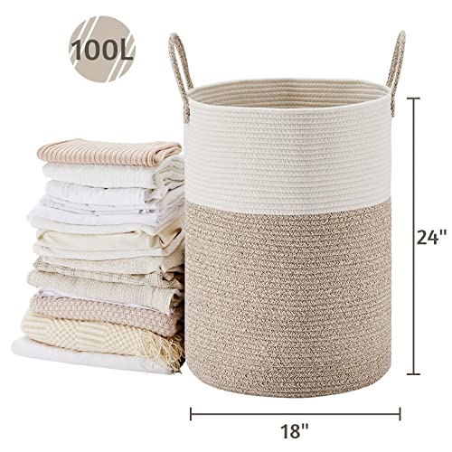 VIPOSCO Large Laundry Hamper, Tall Woven Rope Storage Basket for Blanket, Toys, Dirty Clothes in Living Room, Bathroom, Bedroom - 100L White & Brown - Image 5