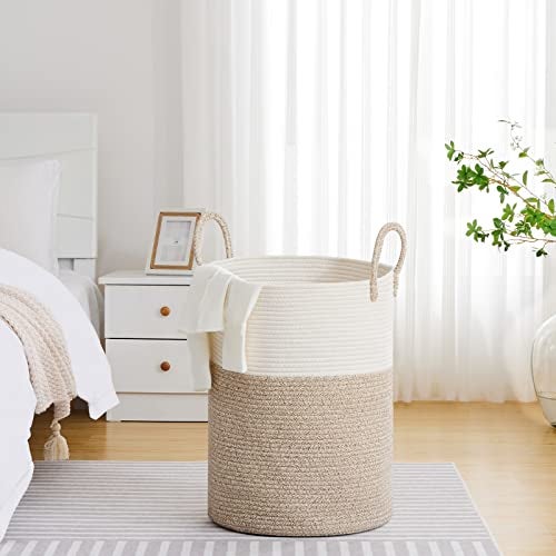 VIPOSCO Large Laundry Hamper, Tall Woven Rope Storage Basket for Blanket, Toys, Dirty Clothes in Living Room, Bathroom, Bedroom - 100L White & Brown - Image 4