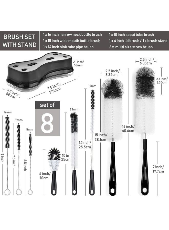 ALINK 8 Pack Black Bottle Brush Cleaning Set with Storage Holder, Bottle Cleaner for Long Narrow Neck Bottles, Stanley, S'Well Water Bottles, Baby Bottles, Tumblers, Carafe, Jugs, Straws - Image 2