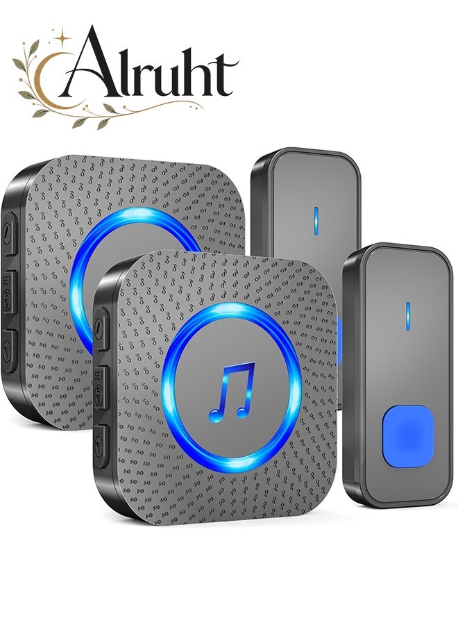 Alruht Wireless Doorbell Kit, 2 Transmitters & 2 Receivers with UK Plug, 300m (1000 Ft) Long Range, IP44 Waterproof Outdoor Push Button, 55 Chimes & 5 Volume Levels for Home, Villa, Office (Black) - Image 1
