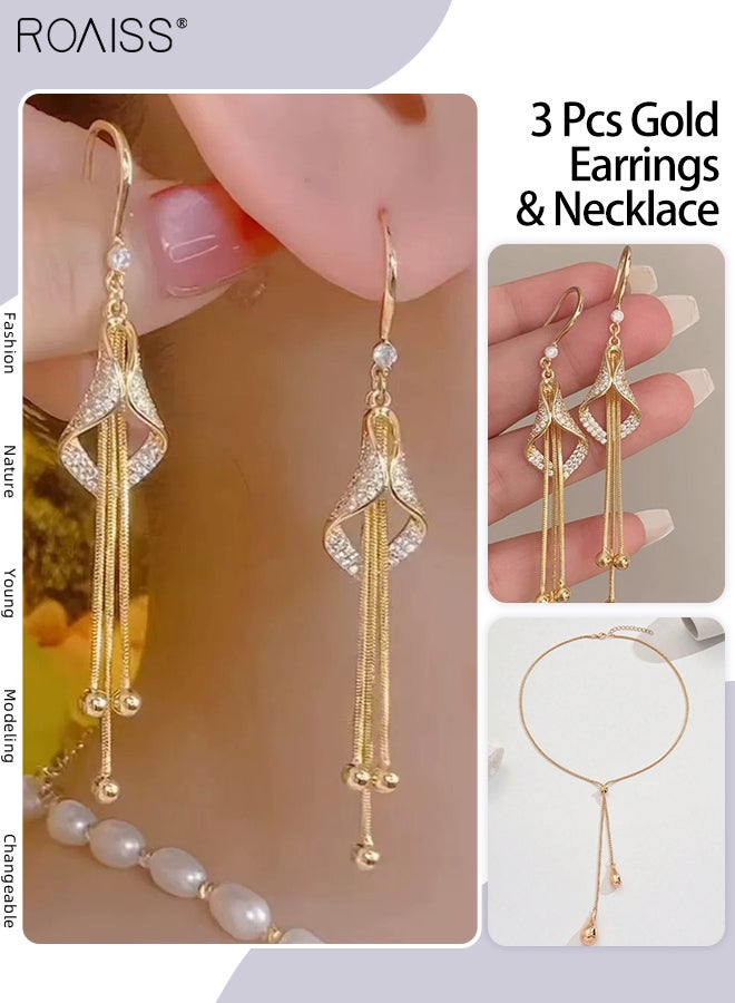 رويس مجموعة مجوهرات بسيطة من 3 قطع من السبائك المعدنية، قلادة مزدوجة أنيقة على شكل دمعة للنساء، أقراط ذهبية لامعة، إكسسوارات نسائية فاخرة وأنيقة، مناسبة للحفلات وحفلات الزفاف - Image 1